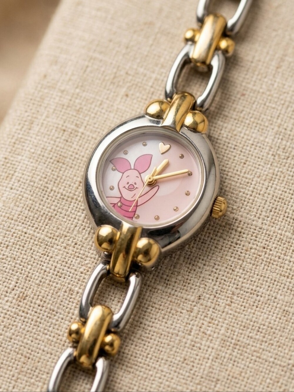 Vintage Disney Piglet Two-Tone Chain Link Bracelet Watch